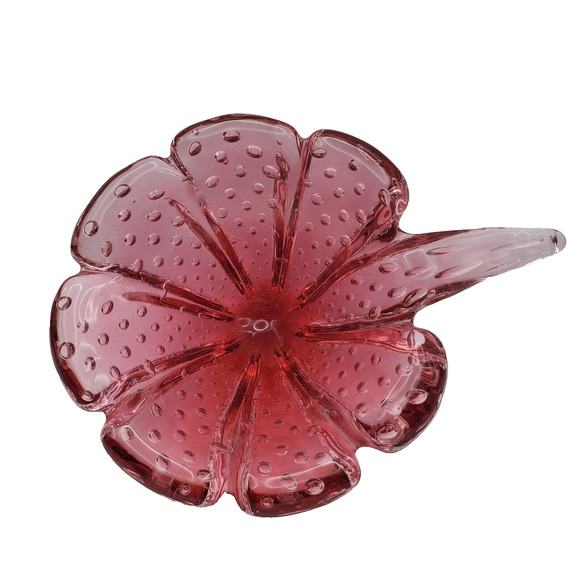 Small Murano Cranberry Art Glass Bowl Controlled Bubble Handle Dish Vintage Red - Picture 1 of 15